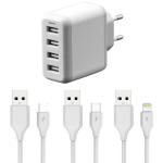 ALIMENTATORE RETE SPEED CHARGE 4 USB 24W + CAVI MICRO/TYPE-C/LIGHTING FONEX BIANCO