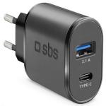 CARICA BATTERIA DA RETE ULTRA FAST CHARGE 3A TYPE-C/USB  SBS NERO