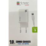 COMBO ALIMENTATORE 18W + CAVO LIGHTNING QC3.0 FEDER BIANCO